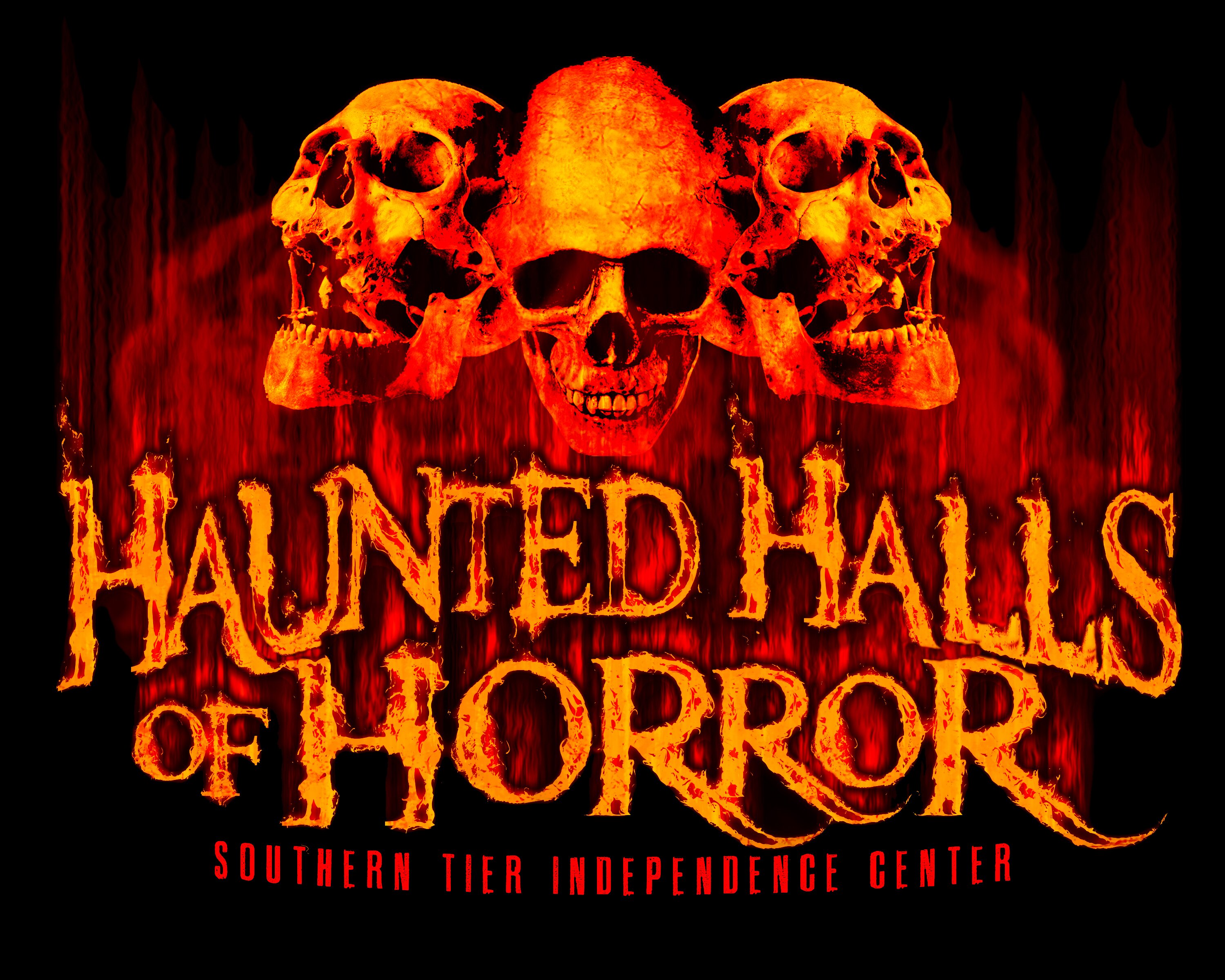 Haunted Halls of Horror logo with skulls and smoke, with name below listed below skulls. 